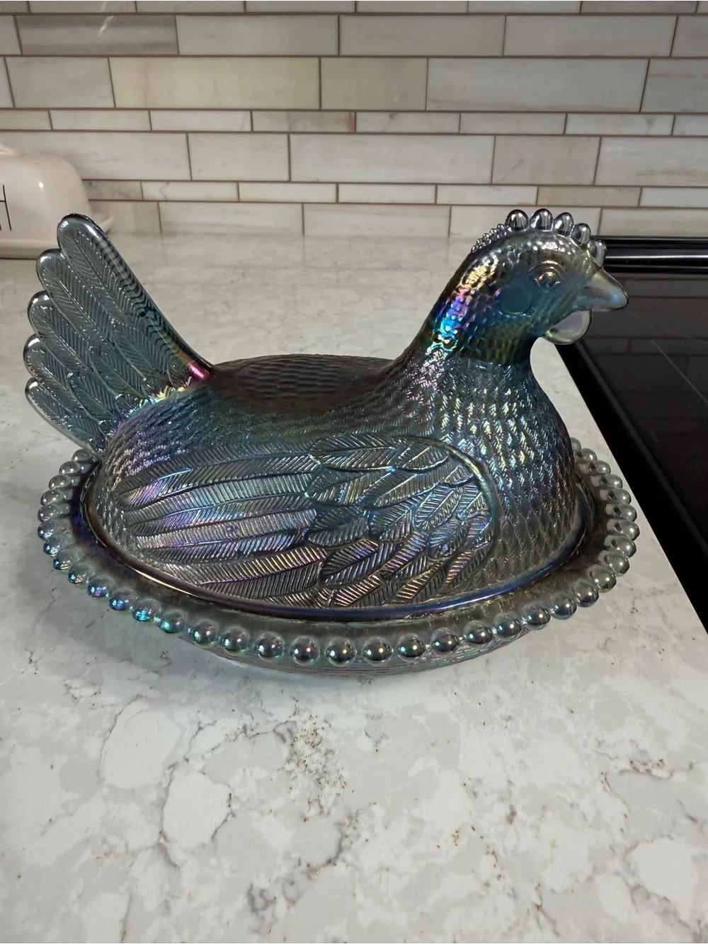 Iridescent Carnival Glass Hen on Nest Covered Dish - Blue-Green